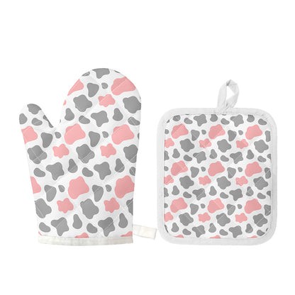 Pink Grey And White Cow Print Oven Mitt And Pot Holder Set