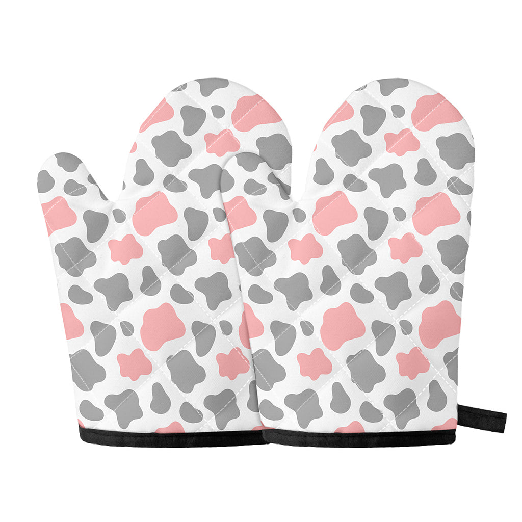 Pink Grey And White Cow Print Oven Mitts