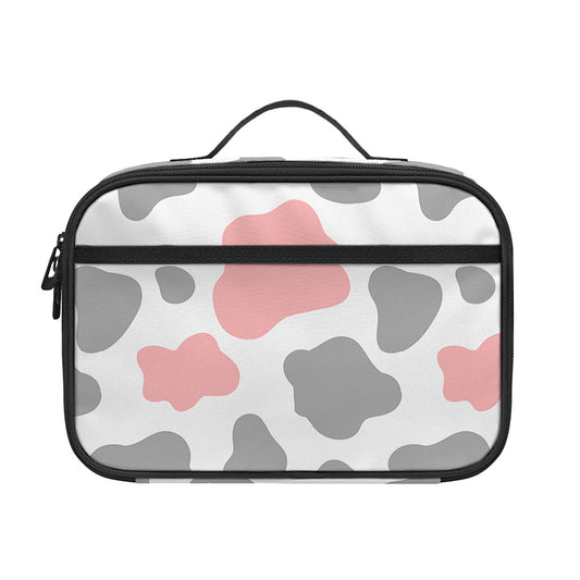 Pink Grey And White Cow Print Portable Lunch Bag