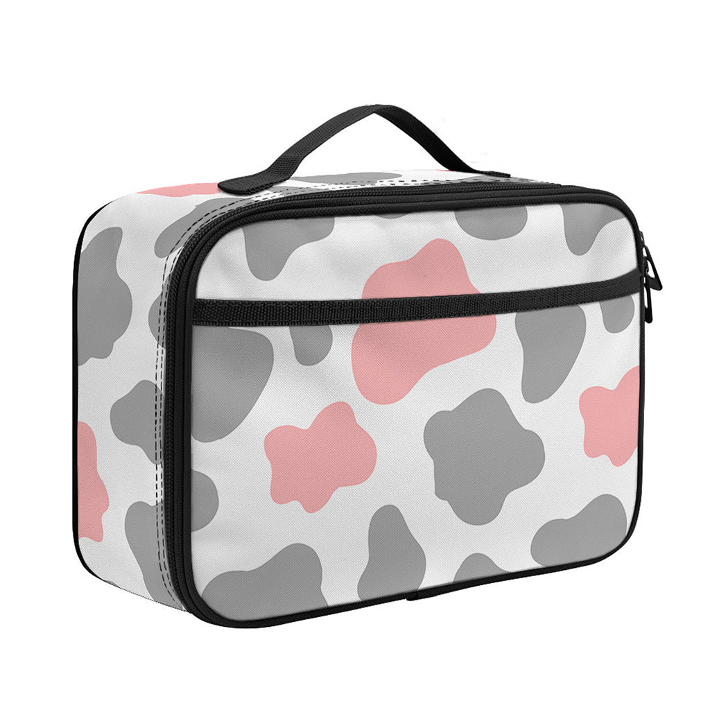 Pink Grey And White Cow Print Portable Lunch Bag