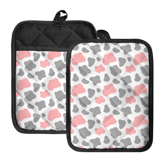 Pink Grey And White Cow Print Pot Holders With Pocket