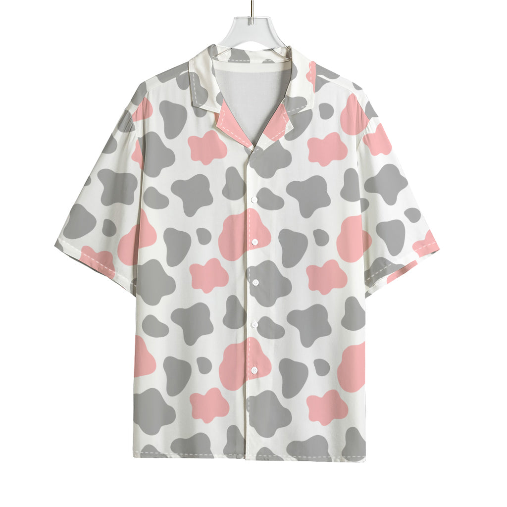 Pink Grey And White Cow Print Rayon Hawaiian Shirt