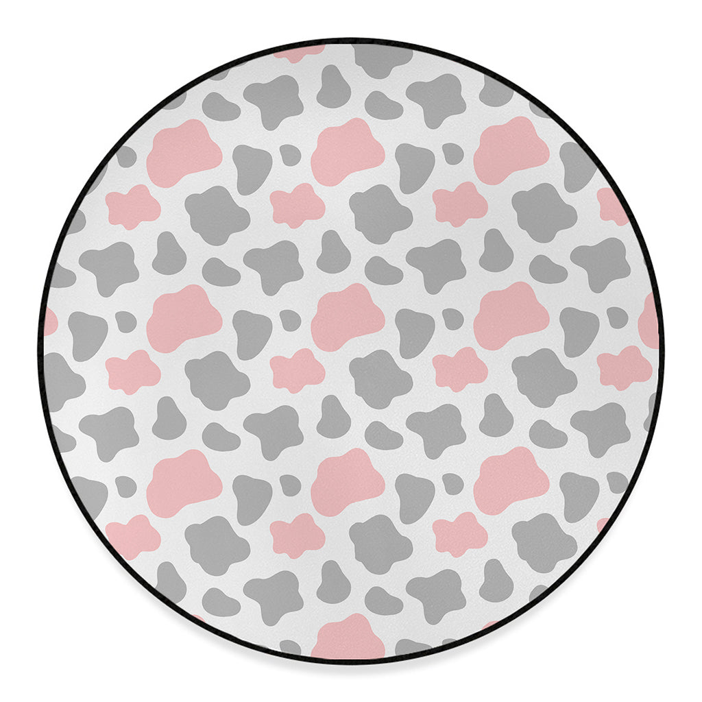 Pink Grey And White Cow Print Round Floor Mat