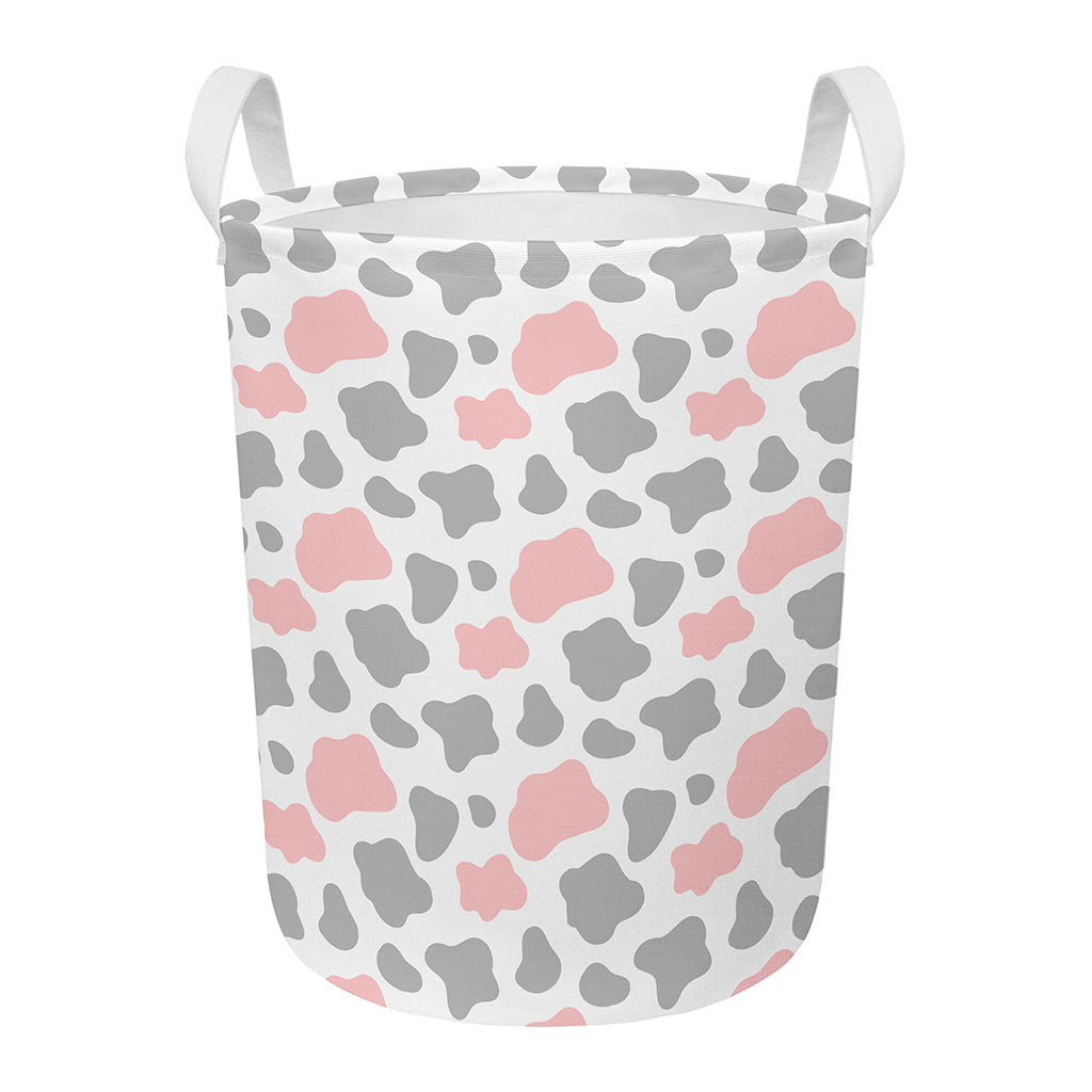 Pink Grey And White Cow Print Round Laundry Basket