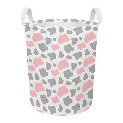 Pink Grey And White Cow Print Round Laundry Basket