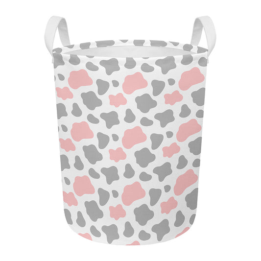 Pink Grey And White Cow Print Round Laundry Basket