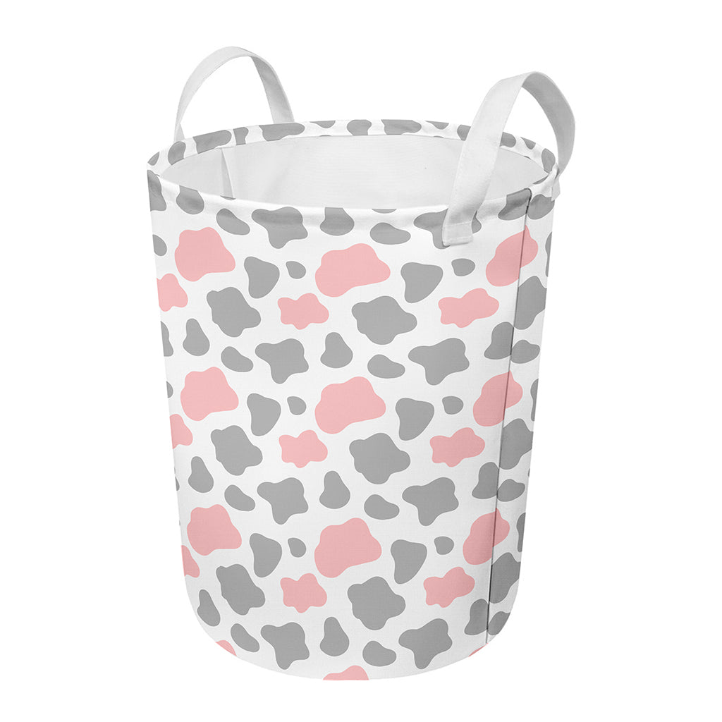 Pink Grey And White Cow Print Round Laundry Basket