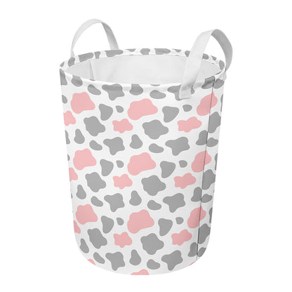 Pink Grey And White Cow Print Round Laundry Basket