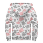 Pink Grey And White Cow Print Sherpa Lined Zip Up Hoodie