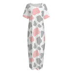 Pink Grey And White Cow Print Short Sleeve Long Nightdress