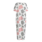 Pink Grey And White Cow Print Short Sleeve Long Nightdress