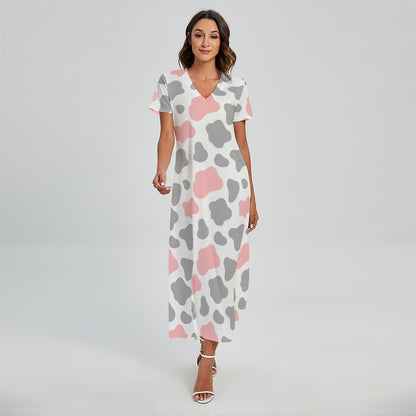 Pink Grey And White Cow Print Short Sleeve Maxi Dress