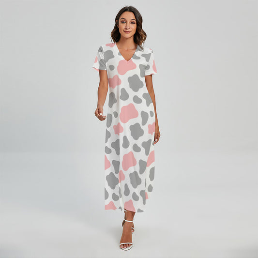 Pink Grey And White Cow Print Short Sleeve Maxi Dress