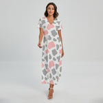 Pink Grey And White Cow Print Short Sleeve Maxi Dress