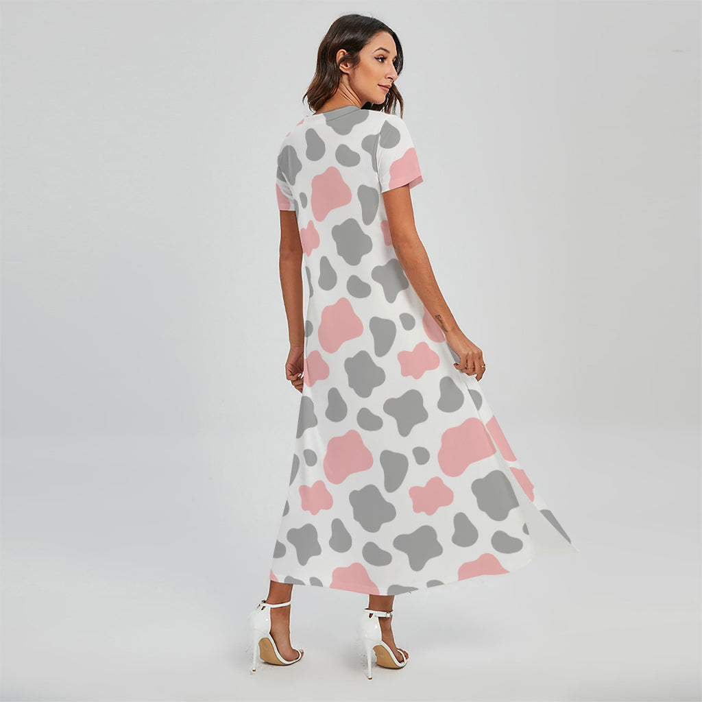 Pink Grey And White Cow Print Short Sleeve Maxi Dress