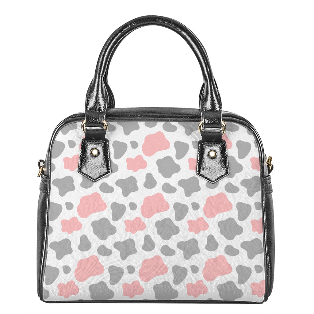 Pink Grey And White Cow Print Shoulder Handbag