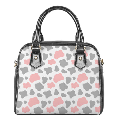 Pink Grey And White Cow Print Shoulder Handbag
