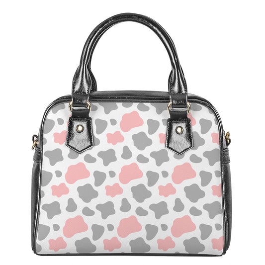 Pink Grey And White Cow Print Shoulder Handbag