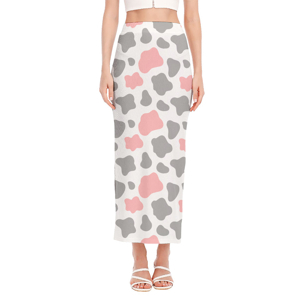 Pink Grey And White Cow Print Side Slit Maxi Skirt