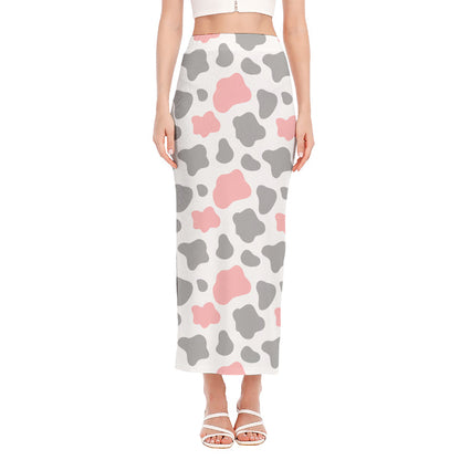 Pink Grey And White Cow Print Side Slit Maxi Skirt