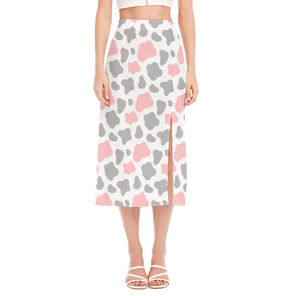 Pink Grey And White Cow Print Side Slit Midi Skirt