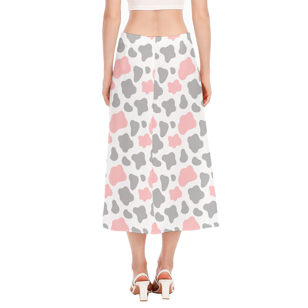 Pink Grey And White Cow Print Side Slit Midi Skirt