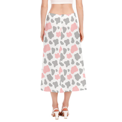 Pink Grey And White Cow Print Side Slit Midi Skirt
