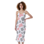 Pink Grey And White Cow Print Slim Fit Midi Cami Dress