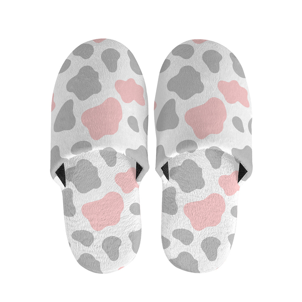 Pink Grey And White Cow Print Slippers