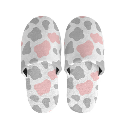 Pink Grey And White Cow Print Slippers