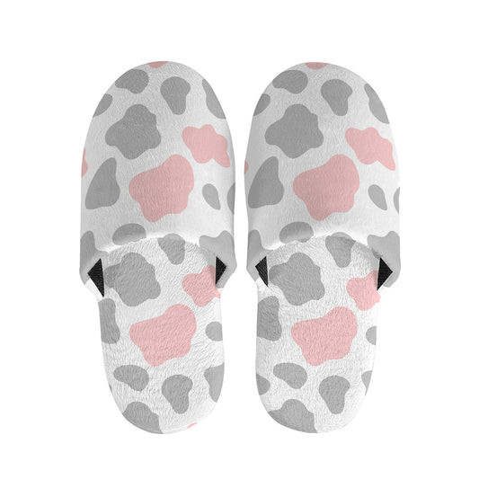 Pink Grey And White Cow Print Slippers