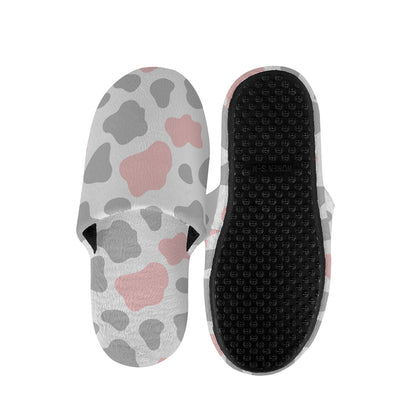 Pink Grey And White Cow Print Slippers