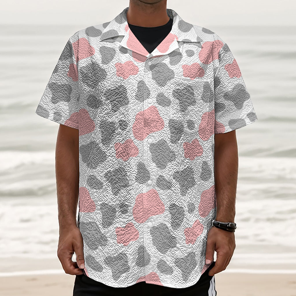Pink Grey And White Cow Print Textured Short Sleeve Shirt