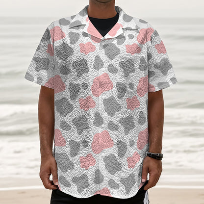 Pink Grey And White Cow Print Textured Short Sleeve Shirt