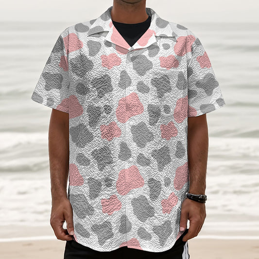 Pink Grey And White Cow Print Textured Short Sleeve Shirt