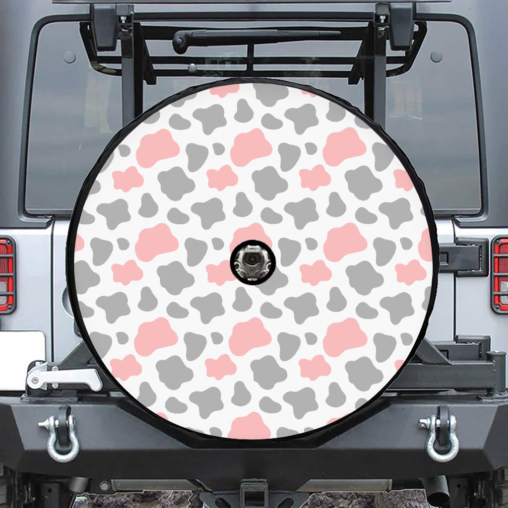 Pink Grey And White Cow Print Tire Cover With Camera Hole