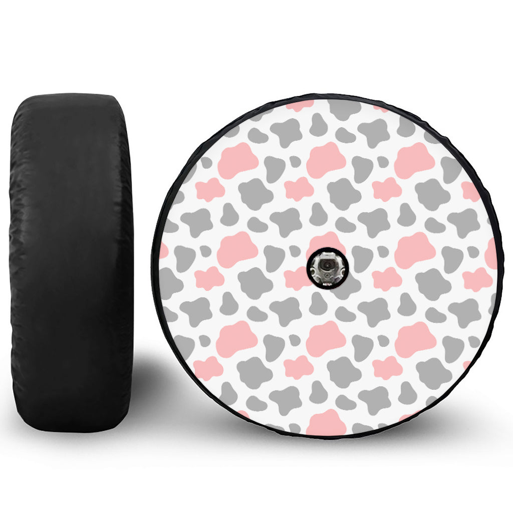 Pink Grey And White Cow Print Tire Cover With Camera Hole