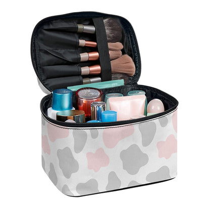 Pink Grey And White Cow Print Travel Makeup Bag