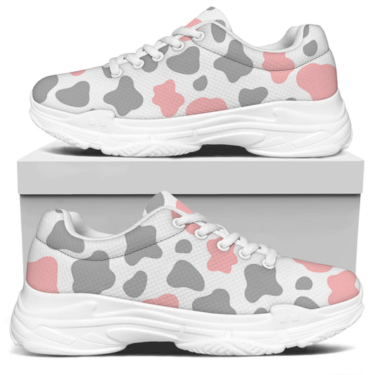 Pink Grey And White Cow Print White Chunky Shoes
