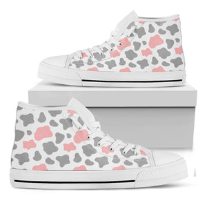 Pink Grey And White Cow Print White High Top Sneakers