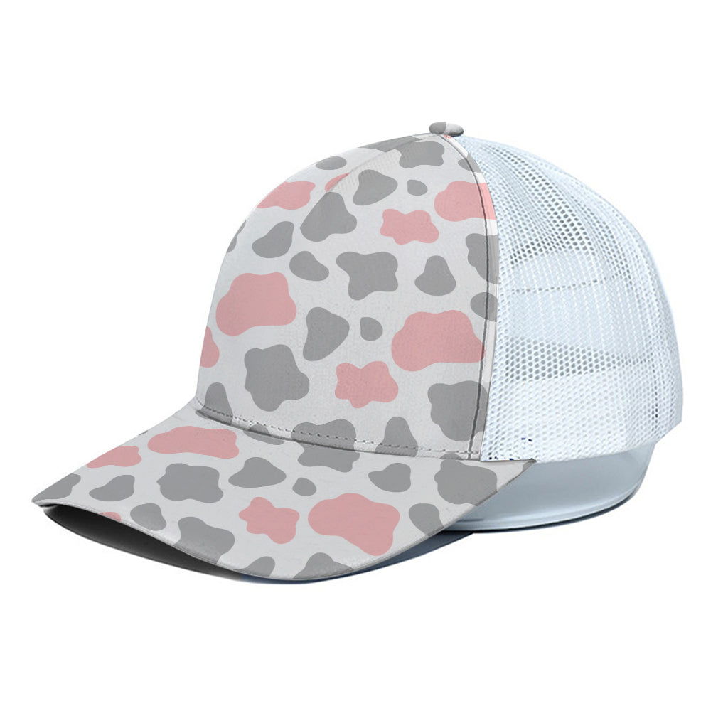 Pink Grey And White Cow Print White Mesh Trucker Cap