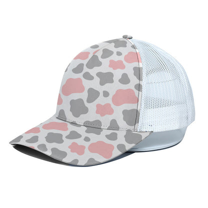 Pink Grey And White Cow Print White Mesh Trucker Cap