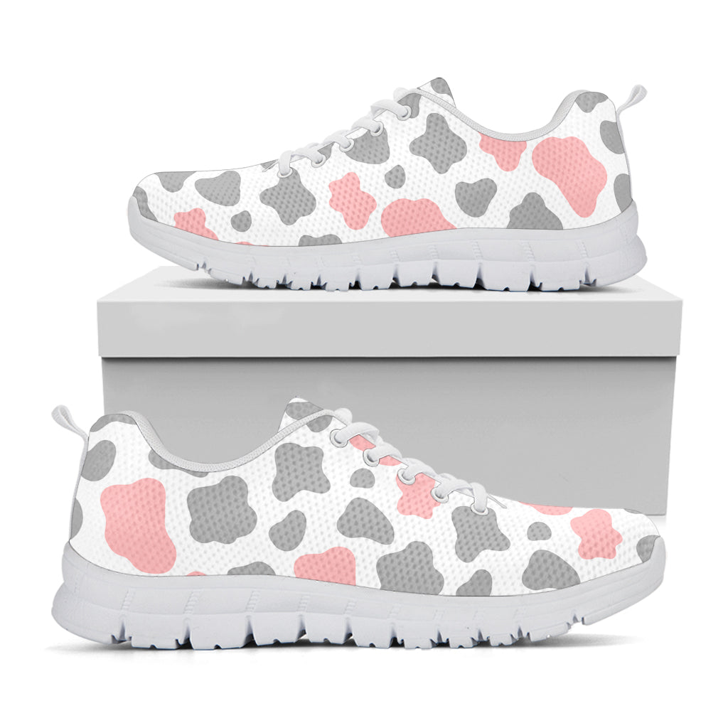 Pink Grey And White Cow Print White Running Shoes
