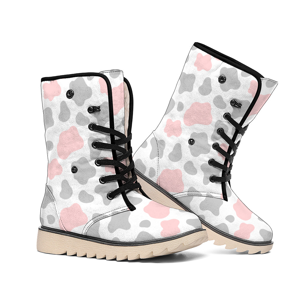 Pink Grey And White Cow Print Winter Boots