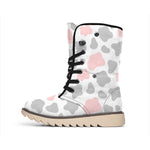 Pink Grey And White Cow Print Winter Boots