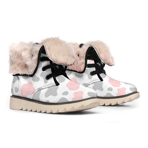 Pink Grey And White Cow Print Winter Boots