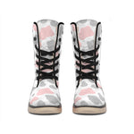 Pink Grey And White Cow Print Winter Boots