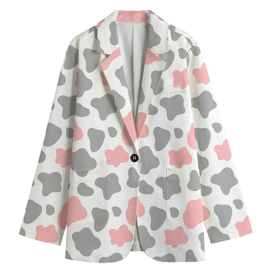 Pink Grey And White Cow Print Women's Cotton Blazer