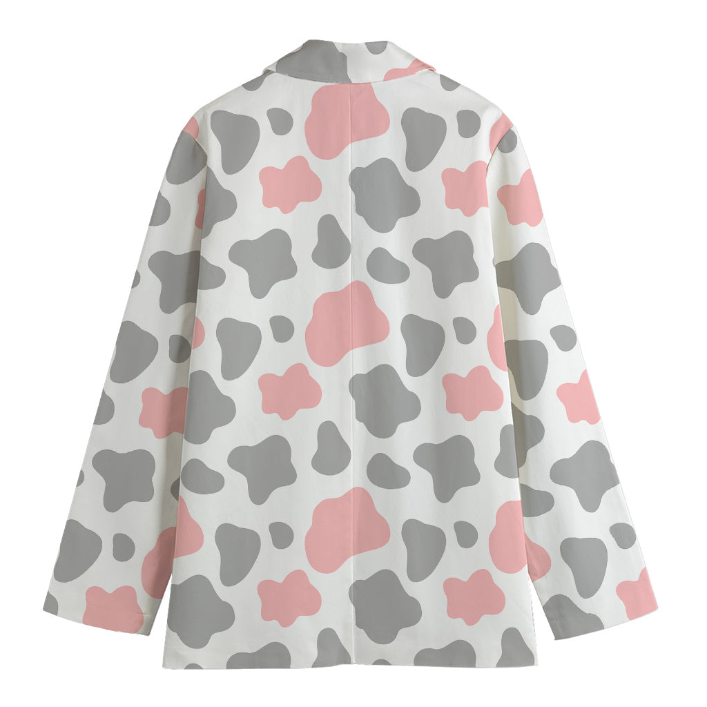 Pink Grey And White Cow Print Women's Cotton Blazer
