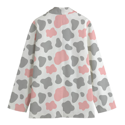 Pink Grey And White Cow Print Women's Cotton Blazer